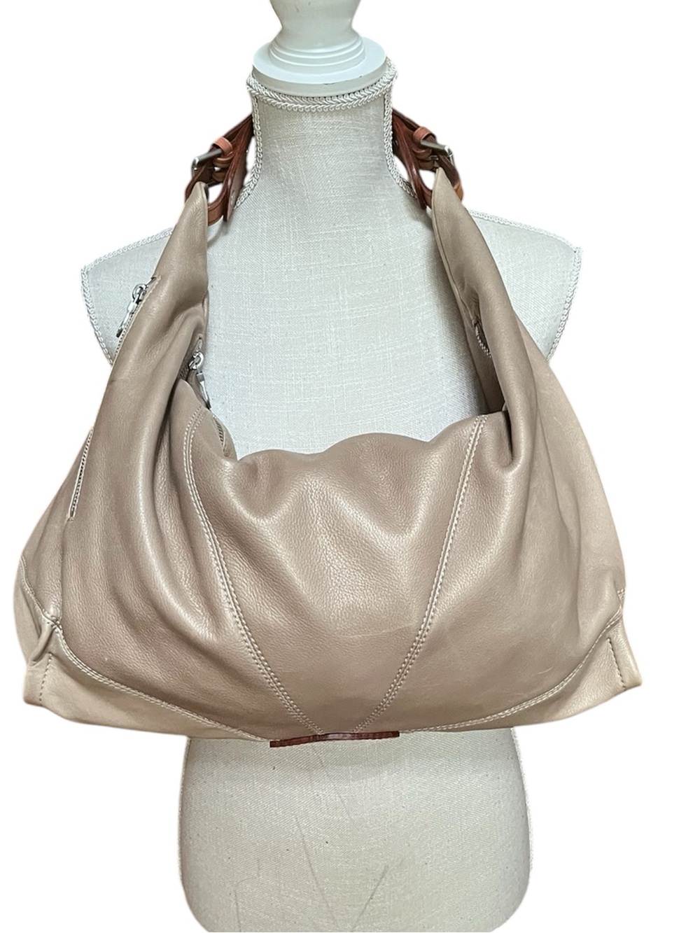 Christopher Kon Large Taupe Beige Slouchy Leather Hobo Shoulder Bag